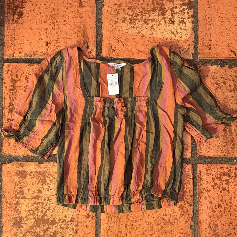 American Eagle Striped Puff Sleeve Square Neck Top - Pink, Orange & Olive
